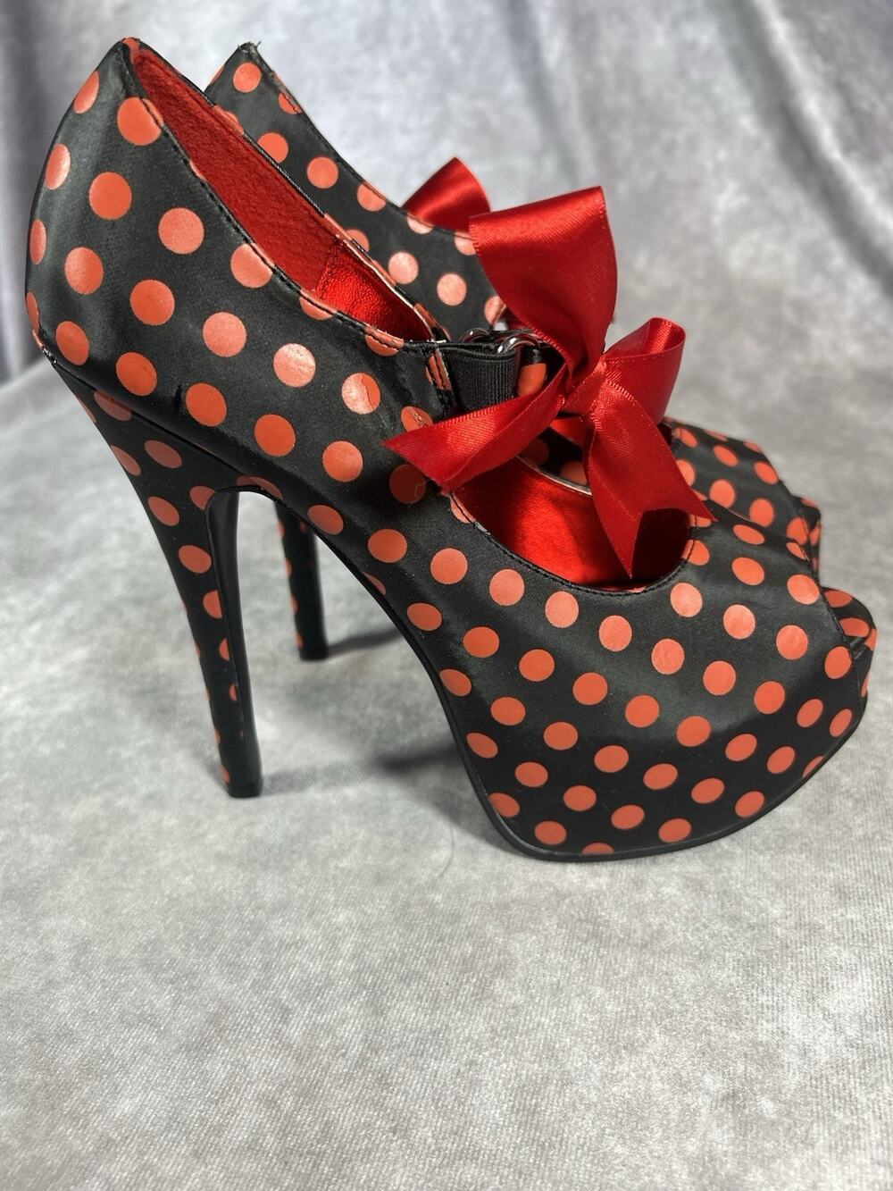 Bordello Red Black Polka Dot Platform Peep Toe Heels Satin Bow Size 7